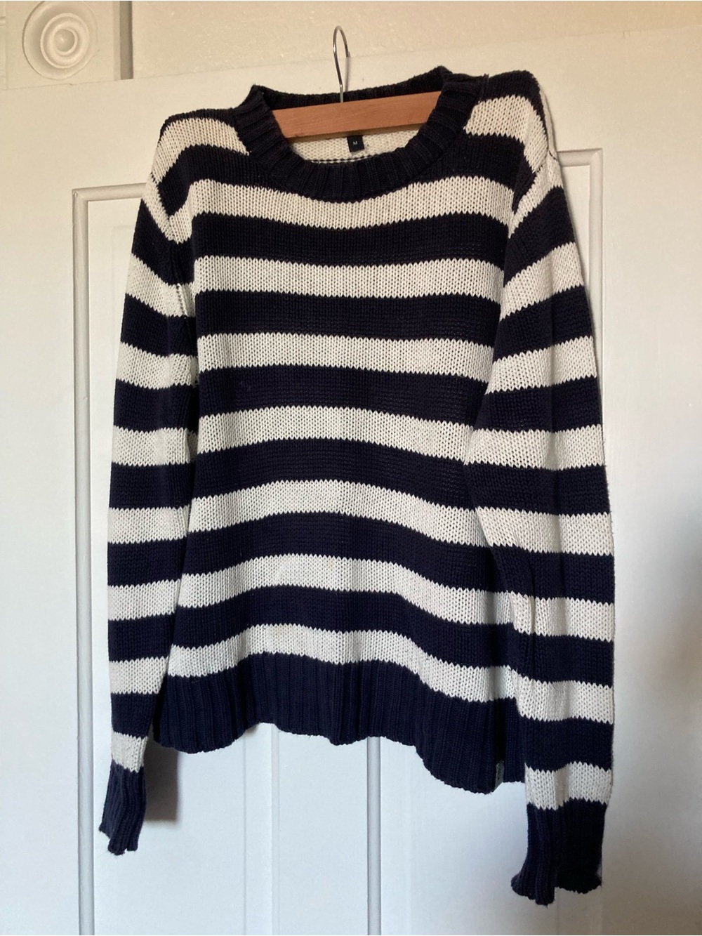 Kiel James Patrick Navy and White Striped Crewneck Sweater
